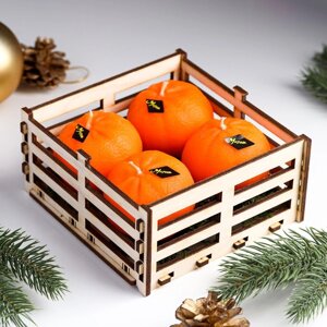 Набор новогодних свечей 'Мандарины в ящике', 4 шт, 13,6x13,6x6,6 см