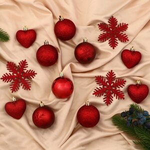 Набор украшений пластик 30 шт 'Амур' (16 шаров, 6 сердец, 8 снежинок) красный