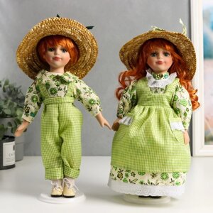 Кукла коллекционная парочка набор 2 шт 'Таня и Ваня в ярко-зелёных нарядах в клетку' 30 см