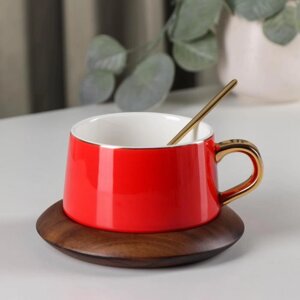 Чайная пара керамическая с ложкой 'Улун', 2 предмета чашка 280 мл, блюдце d13 см, цвет красный