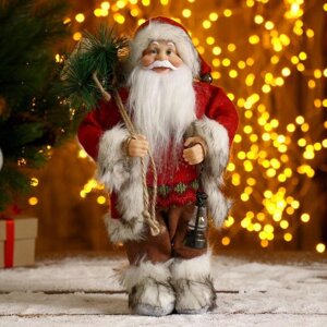 Дед Мороз 'В красной шубке, с фонариком и мешочком' 30 см