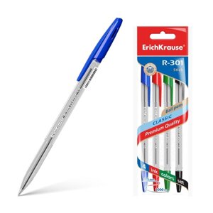 Набор ручек шариковых 4 цвета ErichKrause R-301 Classic Stick, узел 1.0 мм, чернила синие, чёрные, красные, зелёные,