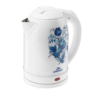 Чайник электрический 'Добрыня' DO-1214, металл, 2 л, 2000 Вт, белый с синими цветами