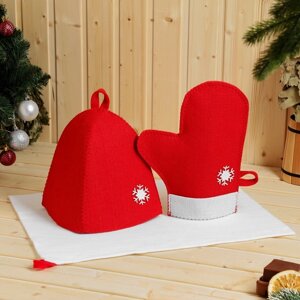 Набор банный подарочный 'Зимушка' ( коврик, рукавица, шапка), войлок, красная