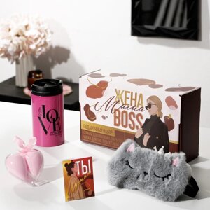 Подарочный набор 'Жена, мама, босс'маска для сна, термостакан, спонж 2 шт, открытка
