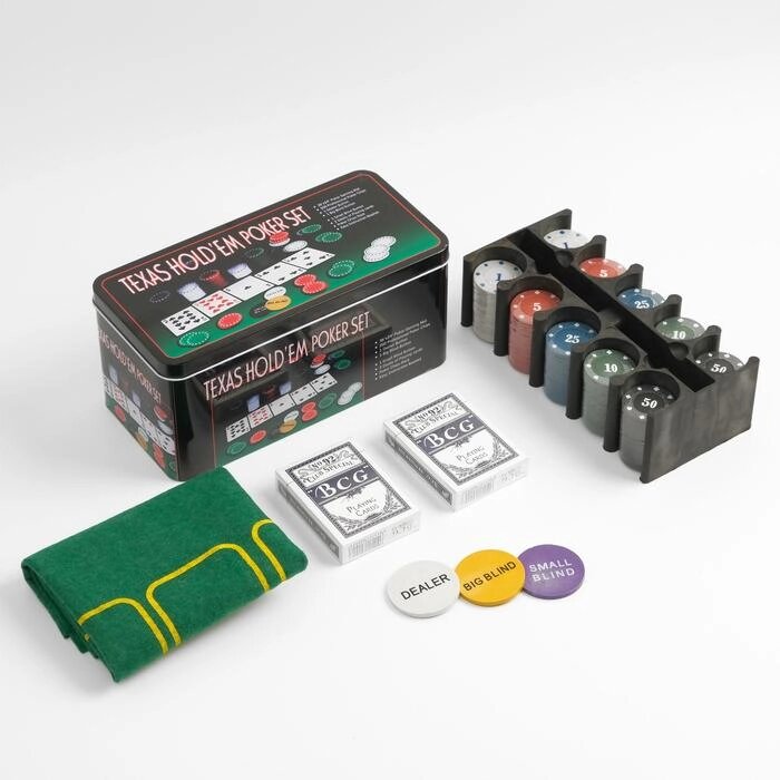 Покер, набор для игры (карты 2 колоды, фишки 200 шт.), с номиналом, 60 х 90 см от компании Интернет-магазин "Flap" - фото 1
