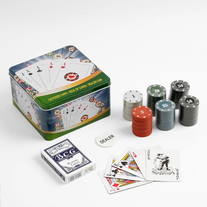 Покер, набор для игры (карты 54 шт, фишки 120 шт.), с номиналом, 15 х 15 см от компании Интернет-магазин "Flap" - фото 1