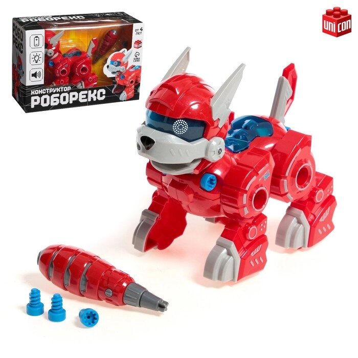 Робот собака 'Роборекс' UNICON, винтовой конструктор, интерактивный световые эффекты, 19 деталей, на батарейках, красный от компании Интернет-магазин "Flap" - фото 1