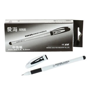 Ручка гелевая, 0.5 мм, чёрный, корпус белый, с резиновым держателем (комплект из 12 шт.)