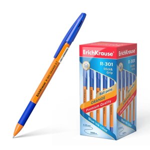 Ручка шариковая Erich Krause R-301 Orange Stick Grip, узел 0.7 мм, чернила синие, резиновый упор, длина линии письма