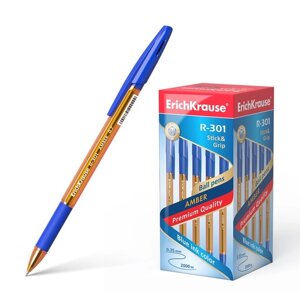Ручка шариковая ErichKrause R-301 Amber Stick Grip, узел 0.7 мм, чернила синие, резиновый упор, длина линии письма