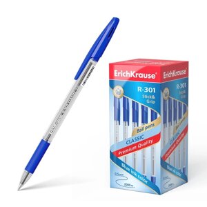 Ручка шариковая ErichKrause R-301 Classic Stick Grip, узел 1.0 мм, чернила синие, резиновый упор, длина линии письма