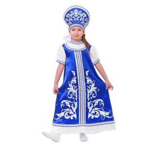 Русский костюм для девочки платье с кокеткой, кокошник, р-р 60, рост 110-116 см, цвет синий