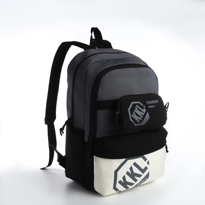 Рюкзак молодёжный из текстиля на молнии, 3 кармана, сумка, держатель для чемодана, цвет чёрный/серый от компании Интернет-магазин "Flap" - фото 1