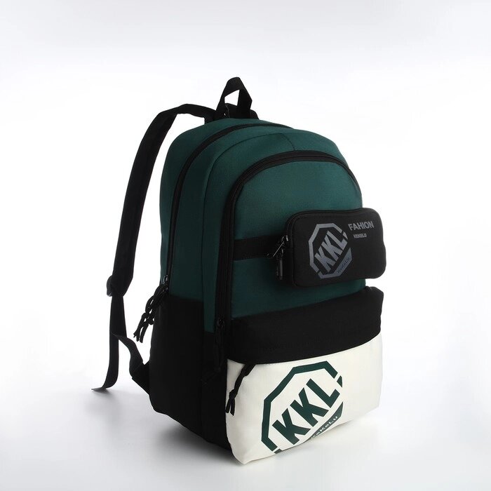 Рюкзак молодёжный из текстиля на молнии, 3 кармана, сумка, держатель для чемодана, цвет чёрный/зелёный от компании Интернет-магазин "Flap" - фото 1