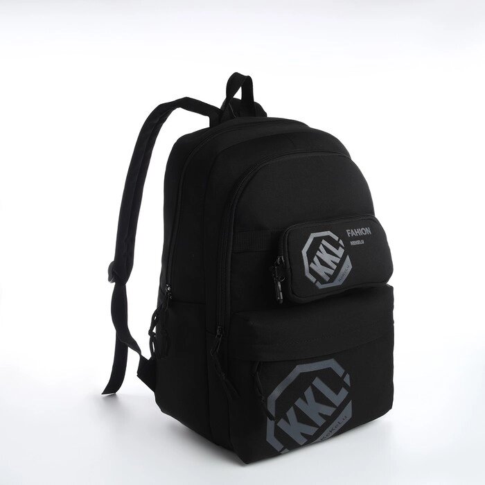 Рюкзак молодёжный из текстиля на молнии, 3 кармана, сумка, держатель для чемодана, цвет чёрный от компании Интернет-магазин "Flap" - фото 1