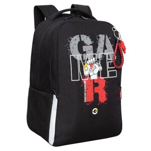 Рюкзак школьный, 38 х 29 х 16 см, Grizzly, эргономичная спинка, брелок, чёрный