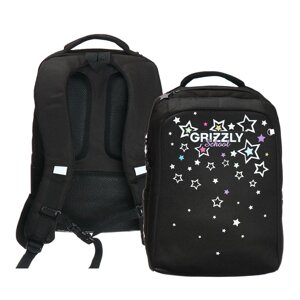 Рюкзак школьный, 39 х 26 х 17 см, Grizzly, Звездопад'эргономичная спинка, чёрный