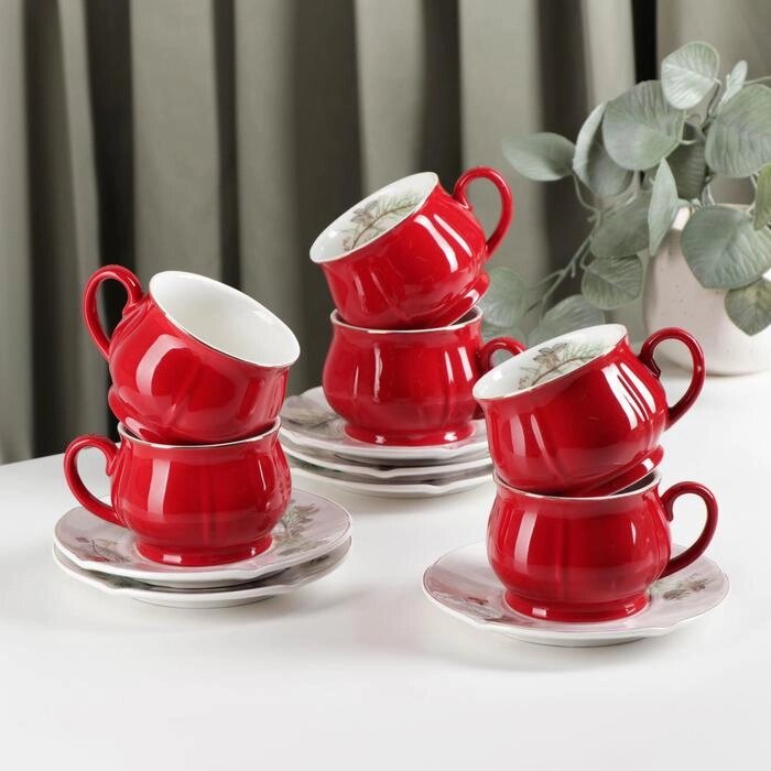 Сервиз керамический чайный 'Шишечки', 12 предметов чашка 200 мл, блюдце d14,5 см, цвет красный от компании Интернет-магазин "Flap" - фото 1