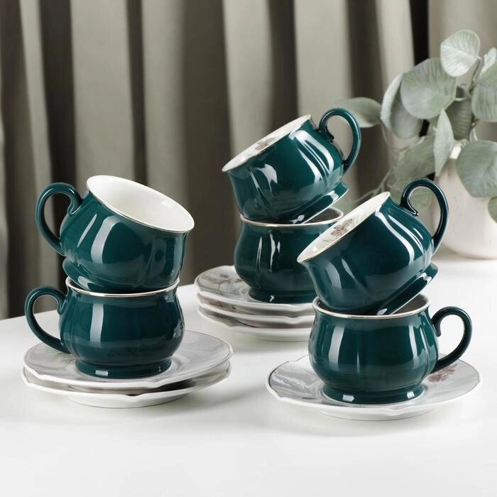 Сервиз керамический чайный 'Шишечки', 12 предметов чашка 200 мл, блюдце d14,5 см, цвет зелёный от компании Интернет-магазин "Flap" - фото 1