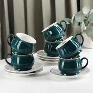 Сервиз керамический чайный 'Шишечки'12 предметов чашка 200 мл, блюдце d14,5 см, цвет зелёный