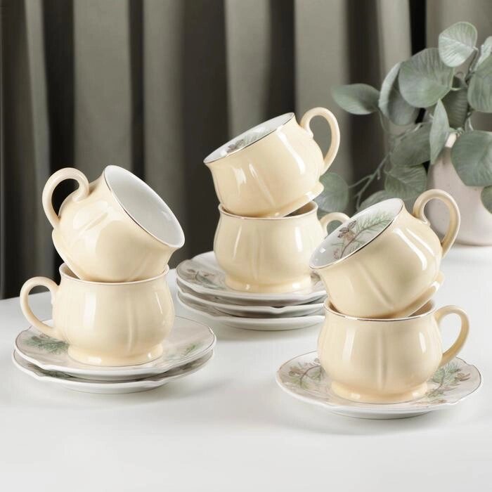 Сервиз керамический чайный 'Шишечки', 12 предметов чашка 200 мл, блюдце d14,5 см, цвет жёлтый от компании Интернет-магазин "Flap" - фото 1