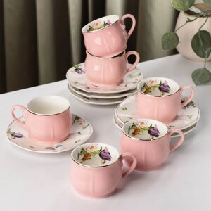 Сервиз керамический кофейный 'Сирена'12 предметов 6 чашек 100 мл, 6 блюдец 12 см, цвет розовый