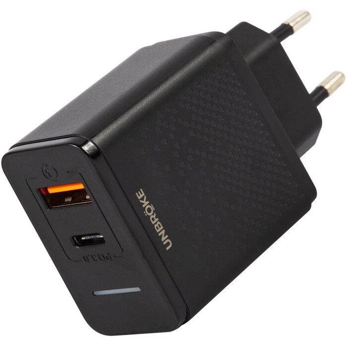 Сетевое зарядное устройство UNBRKE UN-1, USB+Type-C, 3 A, индикатор, черное от компании Интернет-магазин "Flap" - фото 1