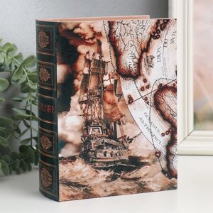 Шкатулка-книга дерево, кожзам 'Корабль и карта' 6х15х20 см
