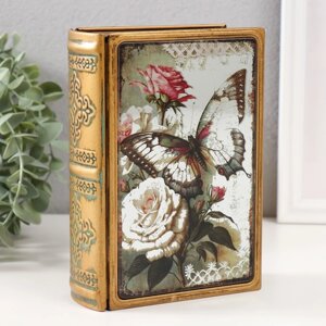 Шкатулка-книга металл, кожзам 'Бабочка и розы' с зеркалом 17х12х5 см