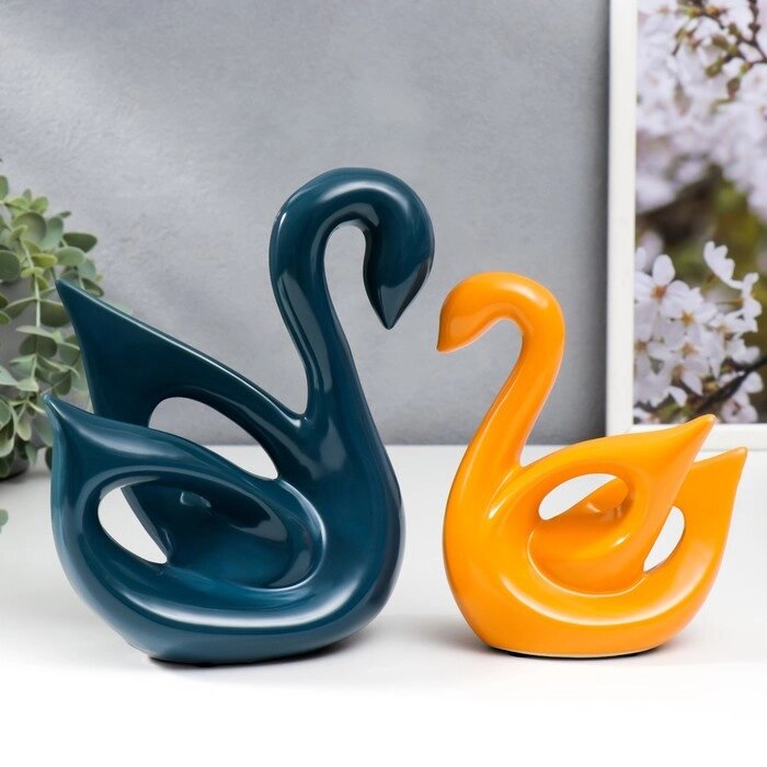 Сувенир керамика 'Лебеди синий и оранжевый' глянец набор 2 шт 14х6х15 15х20х20 см от компании Интернет-магазин "Flap" - фото 1