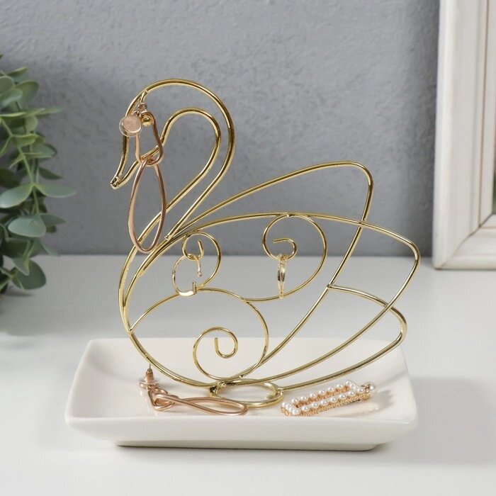 Сувенир керамика, металл подставка 'Лебедь' белый с золотом 15,5х10,5х15,3 см от компании Интернет-магазин "Flap" - фото 1