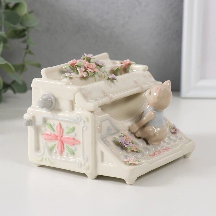 Сувенир керамика музыкальный 'Котёнок с цветочной печатной машинкой' 9х11х7,5 см от компании Интернет-магазин "Flap" - фото 1