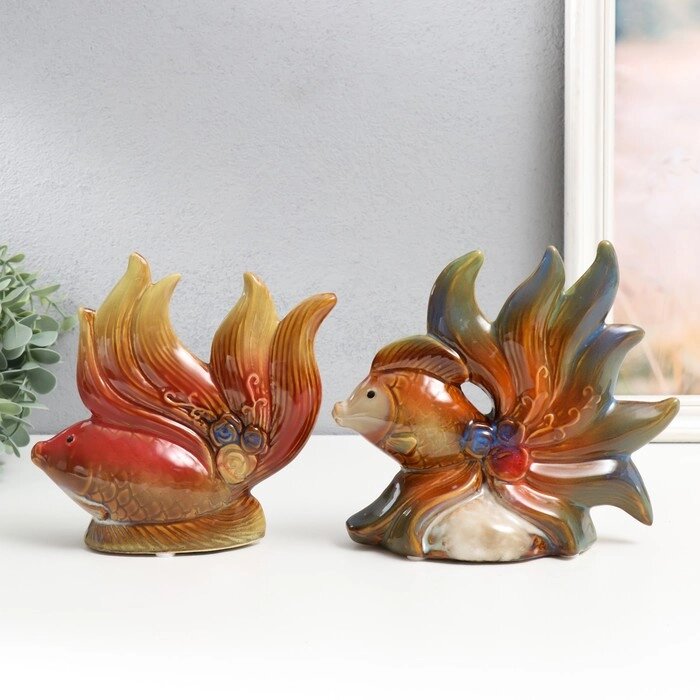 Сувенир керамика 'Рыбки с цветами' набор 2 шт 16х15х5,5, 16х18,5х7,5 см от компании Интернет-магазин "Flap" - фото 1