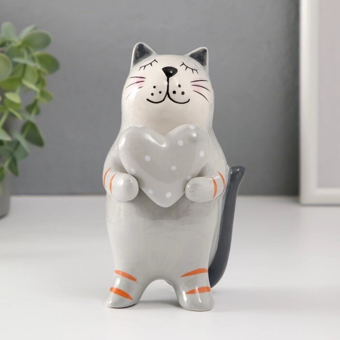 Сувенир керамика 'Серый котик с сердцем в горох' 8,2х7,8х15 см от компании Интернет-магазин "Flap" - фото 1