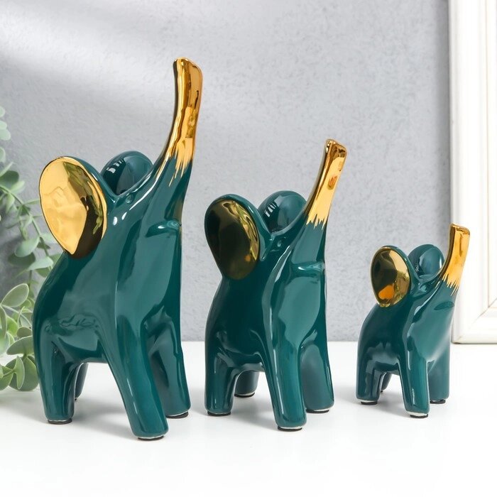 Сувенир керамика 'Слоники - зелёный глянец' золото набор 3 шт 9х11 10,5х15,5 12,5х19 см от компании Интернет-магазин "Flap" - фото 1