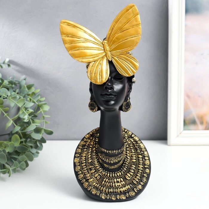 Сувенир полистоун бюст 'Африканка с бабочкой на голове' чёрный с золотом 13х10х31,5 см от компании Интернет-магазин "Flap" - фото 1