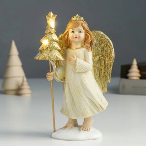Сувенир полистоун 'Девочка-ангел в бежевом платье с ёлочкой' золото 6х9х17 см