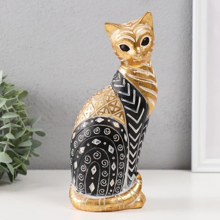 Сувенир полистоун 'Кошка с узорами, сидит' золото с чёрным 10,5х8х22 см от компании Интернет-магазин "Flap" - фото 1