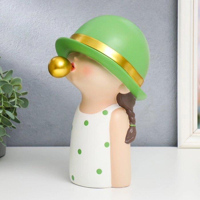 Сувенир полистоун 'Малышка в зелёной шляпке, с золотым пузырём' зелёный горох 26х15х18 см от компании Интернет-магазин "Flap" - фото 1