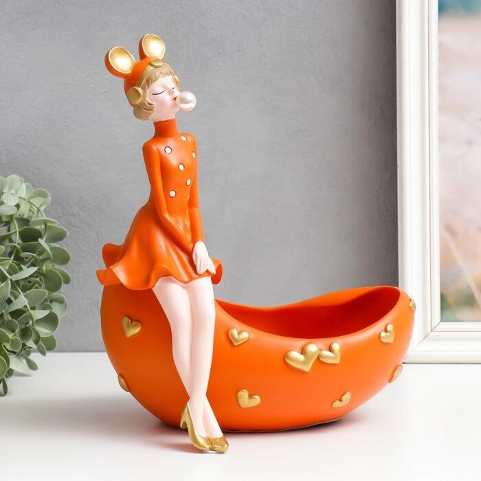 Сувенир полистоун подставка 'Девушка ушки мишки, с пузырём' оранжевый 29х19х28 см от компании Интернет-магазин "Flap" - фото 1