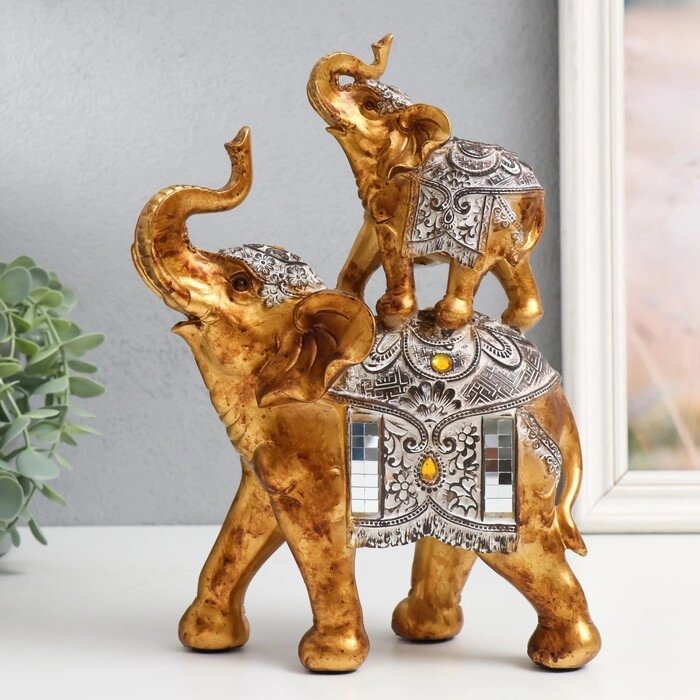 Сувенир полистоун 'Слон со слонёнком на спине - попона с узорами и янтарём' 18,5х9х25,5 см от компании Интернет-магазин "Flap" - фото 1