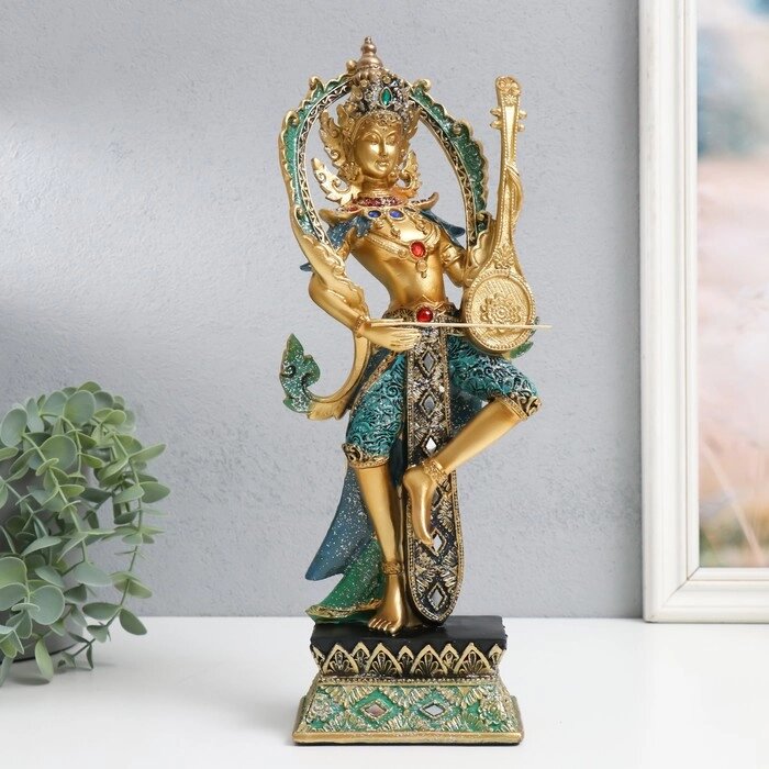 Сувенир полистоун 'Танцующее божество с музыкальным инструментом' сине-золотой 13х9х34 см от компании Интернет-магазин "Flap" - фото 1