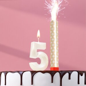Свеча в торт 'Грань + фонтан'цифра '5'жемчужный, 6,5 см