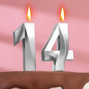 Свеча в торт юбилейная 'Грань'набор 2 в 1), цифра 14 / 41, серебряный металлик, 6,5 см