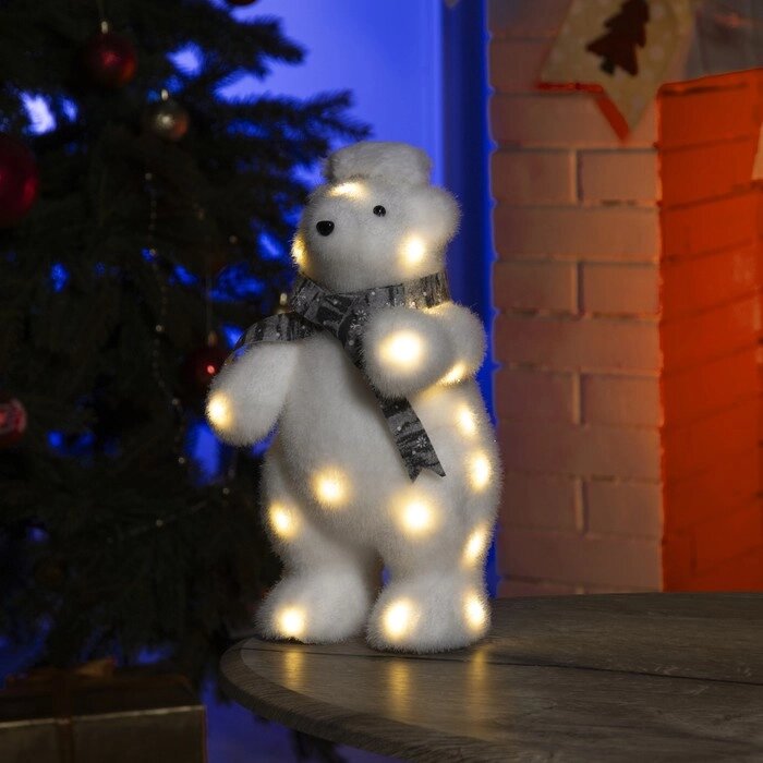 Светодиодная фигура 'Медведь в шапке' 18 x 30 x 17 см, флок, батарейки ААх2 (не в комплекте), свечение тёплое белое от компании Интернет-магазин "Flap" - фото 1