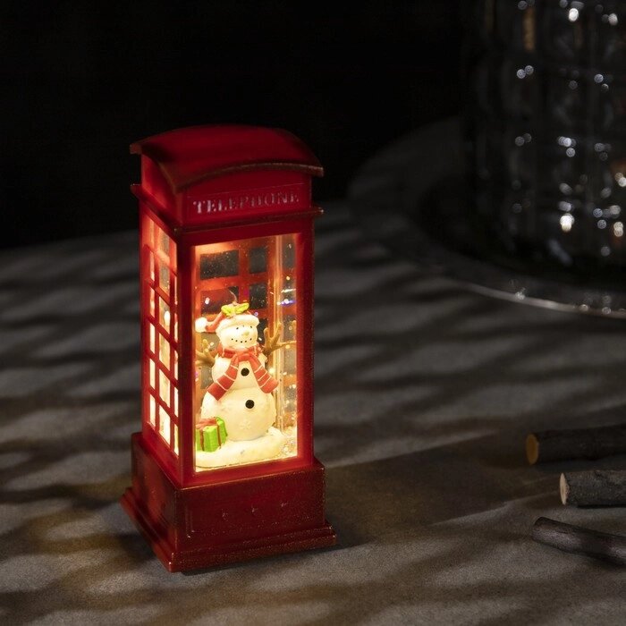 Светодиодная фигура 'Снеговик в телефонной будке' 5 x 12 x 5 см, пластик, блёстки, батарейки AG13х3, свечение тёплое от компании Интернет-магазин "Flap" - фото 1