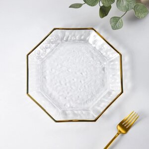 Тарелка стеклянная сервировочная 'Иней. Золото'd24,5 см, цвет прозрачный с золотой отводкой
