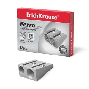 Точилка металлическая 2 отверстия Erich Krause FERRO PLUS, алюминий, отверстия диаметром 8 мм и 11 мм (комплект из 12
