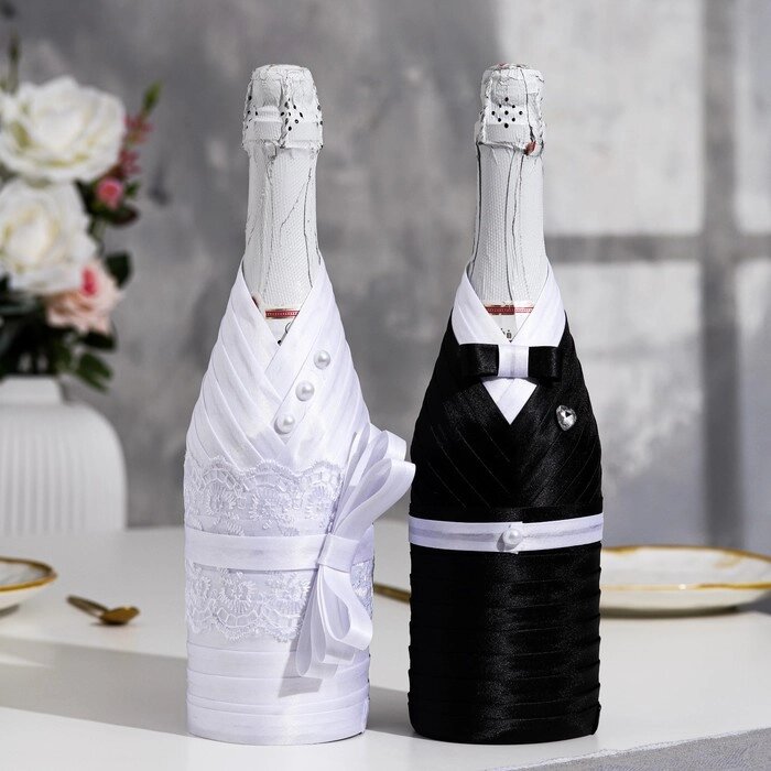 Украшение для шампанского 'Жених и невеста', чёрно-белое от компании Интернет-магазин "Flap" - фото 1
